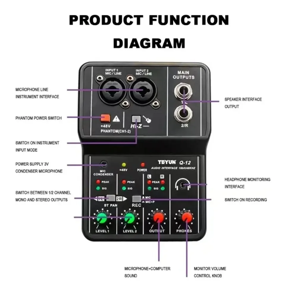 Interfaz de Audio profesional portátil de 2 canales, consola de tarjeta de sonido, Mini mezclador USB para estudio de grabación de guitarra, canto TEYUN Q12 - imagen 4