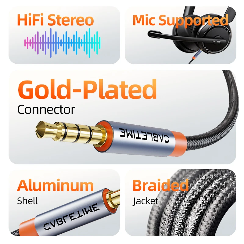 CABLETIME Cable de Audio de 4 polos de 3,5mm TRRS Cable auxiliar de 4 conductores para teléfono auriculares micrófono música de coche Cable de Audio HIFI - imagen 3