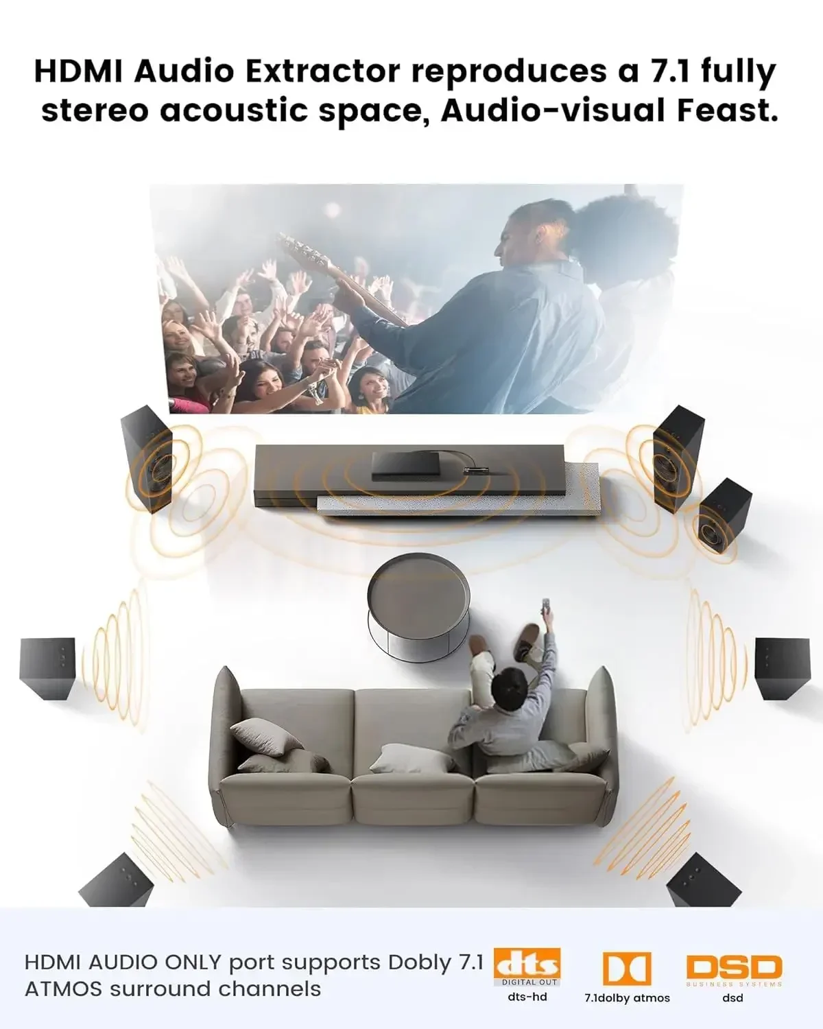 Extractor de Audio HDMI 7,1 canales, 8K @ 60Hz, 4K @ 120Hz, HDMI 2,1 a HDMI, Audio/óptico SPDIF/Coaxial 5,1 canales + salida de Audio de 3,5mm, ATMOS HDCP2.3 VRR - imagen 5