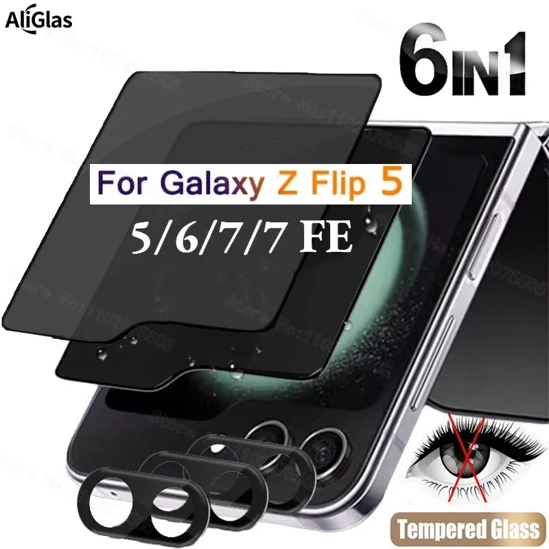 Protector de pantalla antiespía 6 en 1 para Samsung Galaxy Z Flip 7 6 5 películas de vidrio templado película protectora de lente de cámara para Z Flip7 FE