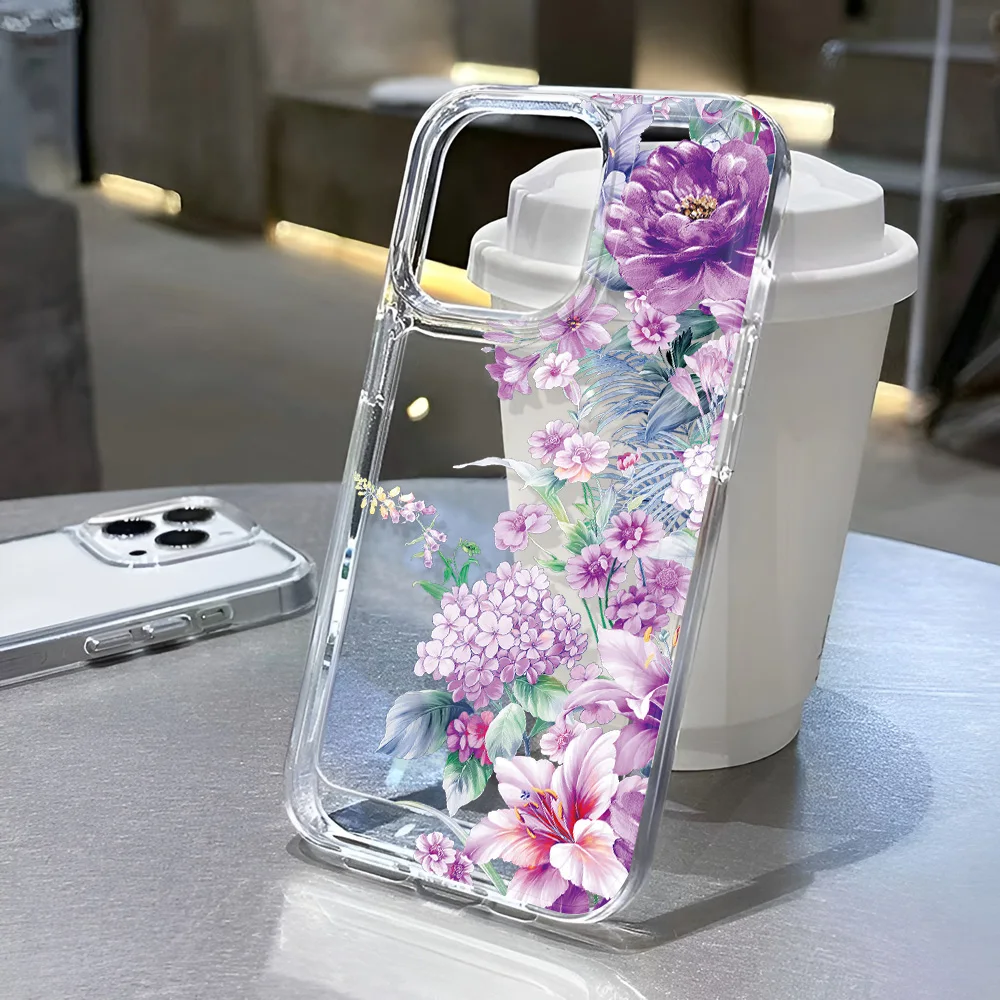 Funda de teléfono con purpurina y flores moradas para iPhone 16, 16E, 15, 14, 13, 12, 11 Pro Max Plus, funda dura para chica, carcasa transparente epoxi - imagen 3