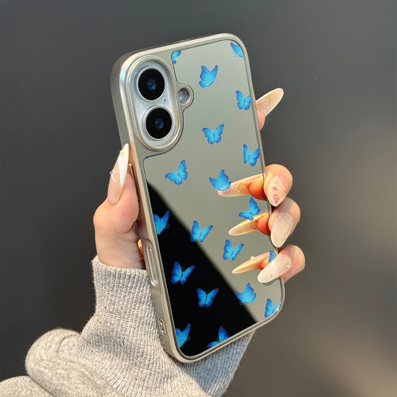 Ins lleno de mariposas azules borde plateado epoxi TPU caja de teléfono anticaída para iPhone XR/11/12/13/14/15/16/17 Pro Max