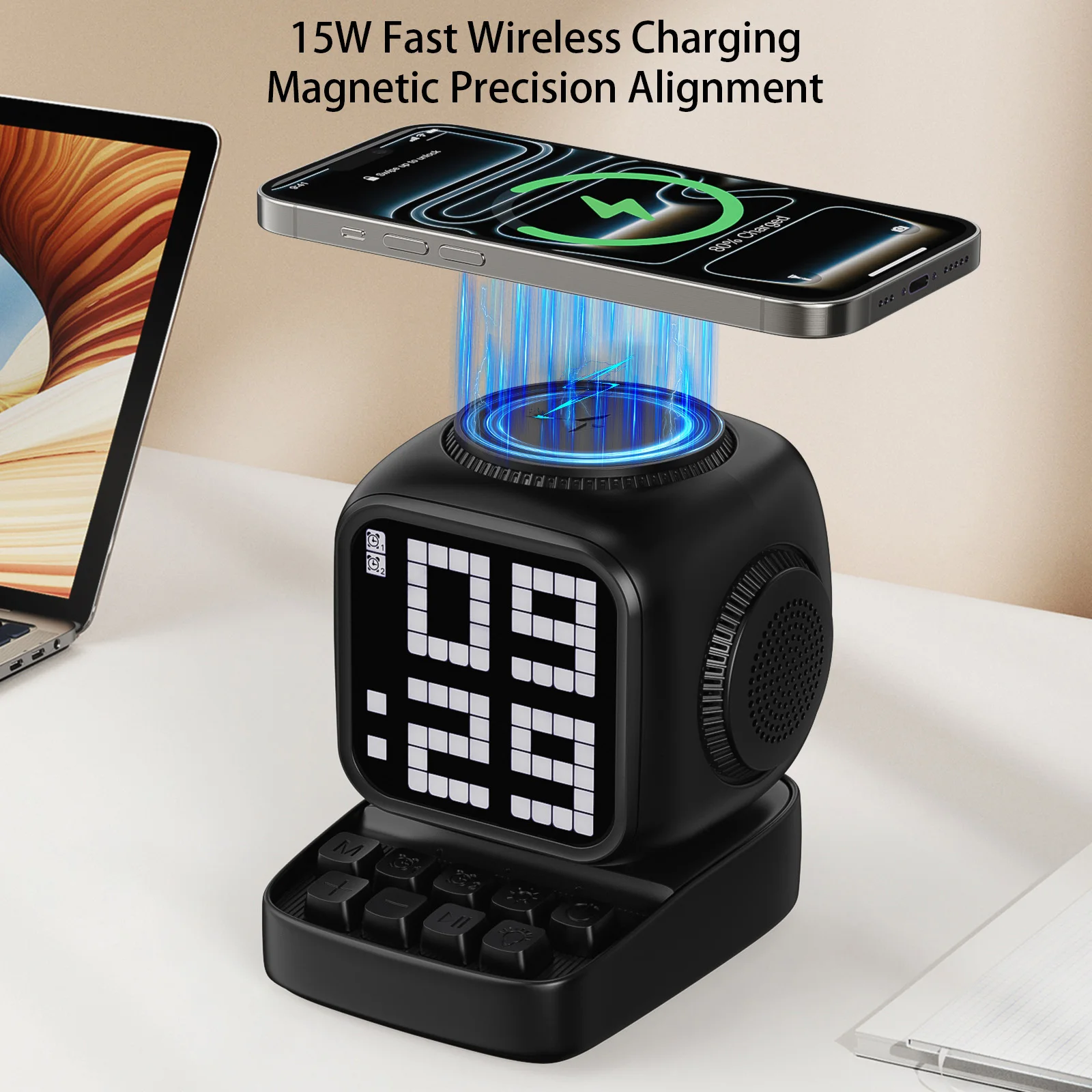 Soporte de cargador inalámbrico Retro Pixel Art Bluetooth altavoz portátil despertador tablero de pantalla LED lindo regalo decoración de luz del hogar - imagen 3