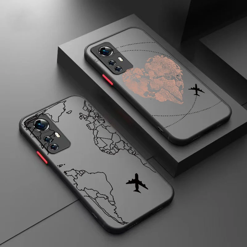 Funda de teléfono de viaje con mapa del mundo de aviones para Xiaomi Mi 11 Lite 5G 14T 14 13T 13 12T 12 Poco F6 X5 X6 M6 Pro, funda trasera dura a prueba de golpes