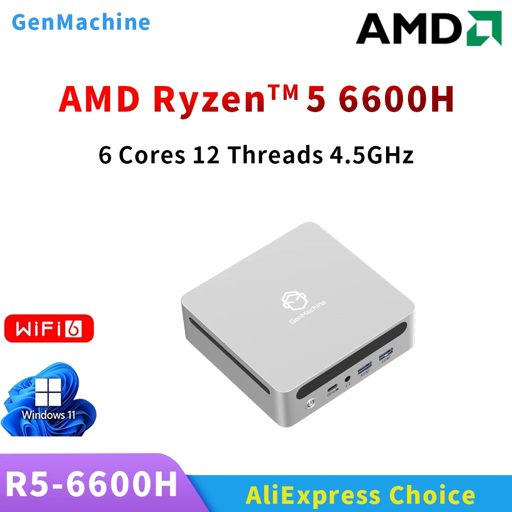 Genmachine AMD Ryzen 5 6600H MINI PC 6 núcleos 12 hilos, 3,3 GHz hasta 4,5 GHz 45W Windows 11 LPDDR5 16G 6400Mhz WIFI6 BT5.2 juego de pc