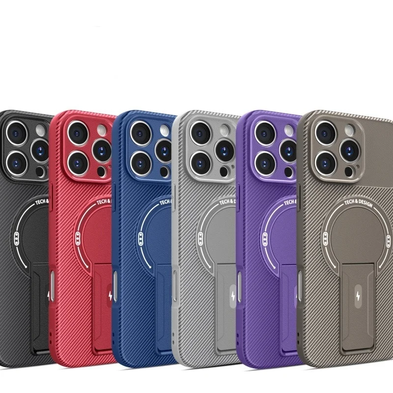 Funda con Soporte Magnético para Magsafe para iPhone 17 Air 16 15 14 Plus 13 12 11 17 Pro Max, Fibra de Carbono, Soporte Magnético, Cubierta para Teléfono, Capa