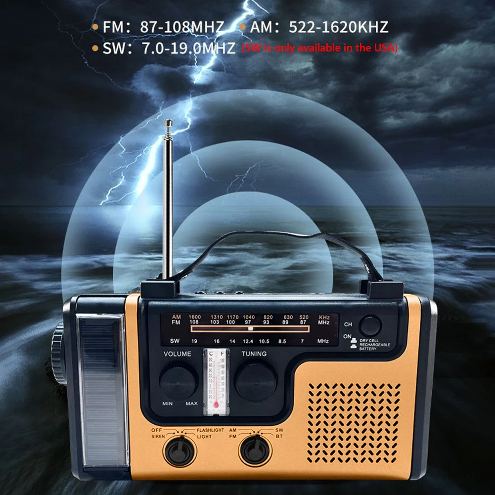 Radio de emergencia AM FM SW, manivela, energía solar, alarma SOS, compatible con Bluetooth, radio de emergencia solar, carga USB para acampar al aire libre - imagen 3
