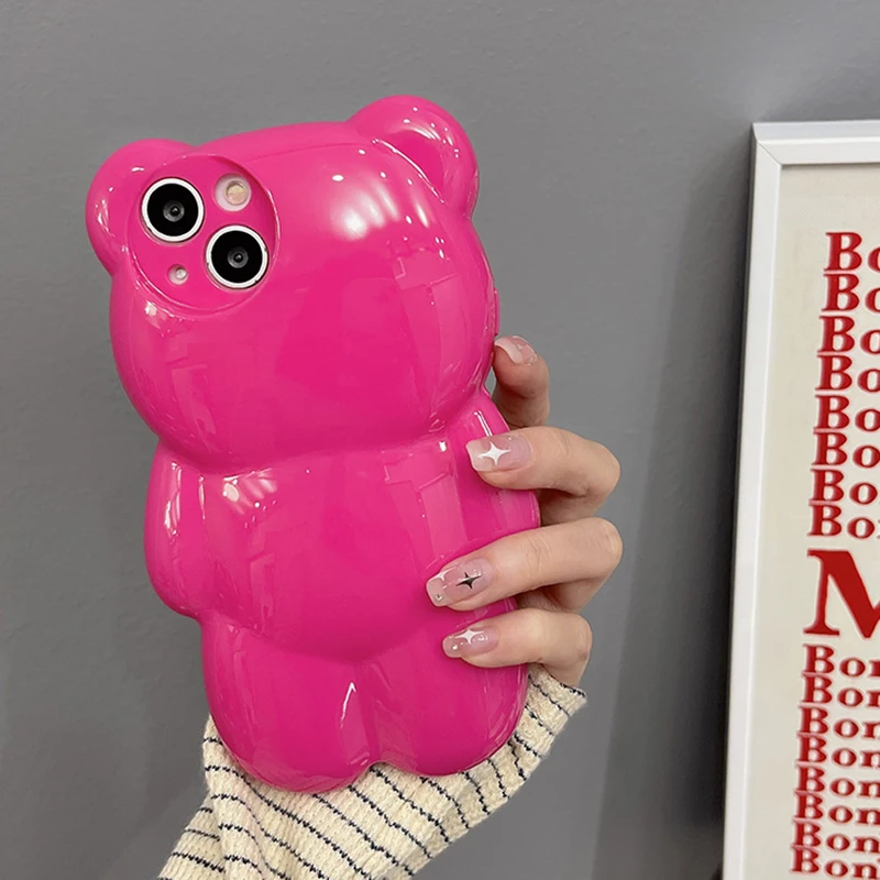 Funda de teléfono coreana con bonito oso rosa de dibujos animados en 3D para iPhone 14, 13, 12, 11, 15 Pro Max, funda trasera suave a prueba de golpes con animales encantadores - imagen 3