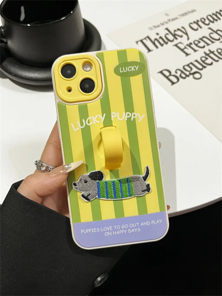 Lindo bordado Dachshund cachorro anillo soporte funda para iPhone 16 Pro Max 17 15 14 13 12 11 cubierta trasera de rayas coloridas - imagen 5