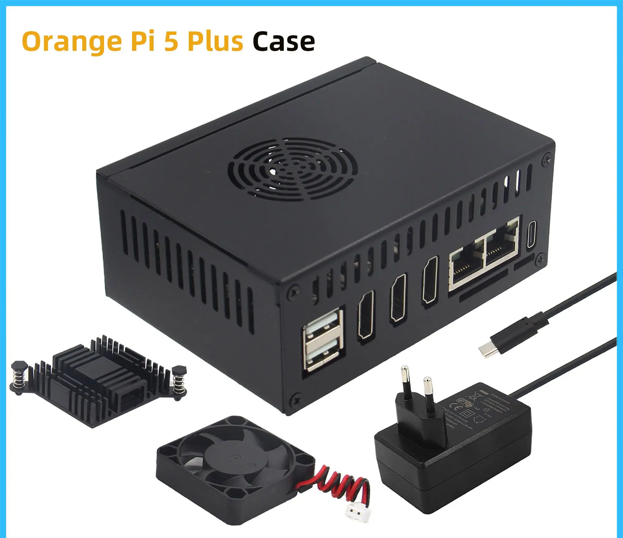 Orange Pi 5 Plus Case(N508) con ventilador de refrigeración 4010, disipadores de calor de aluminio de 10mm y adaptador de corriente 5V 4A 20W