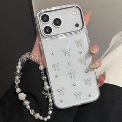Funda iPhone con cordón plateado 3D de purpurina antideslizante