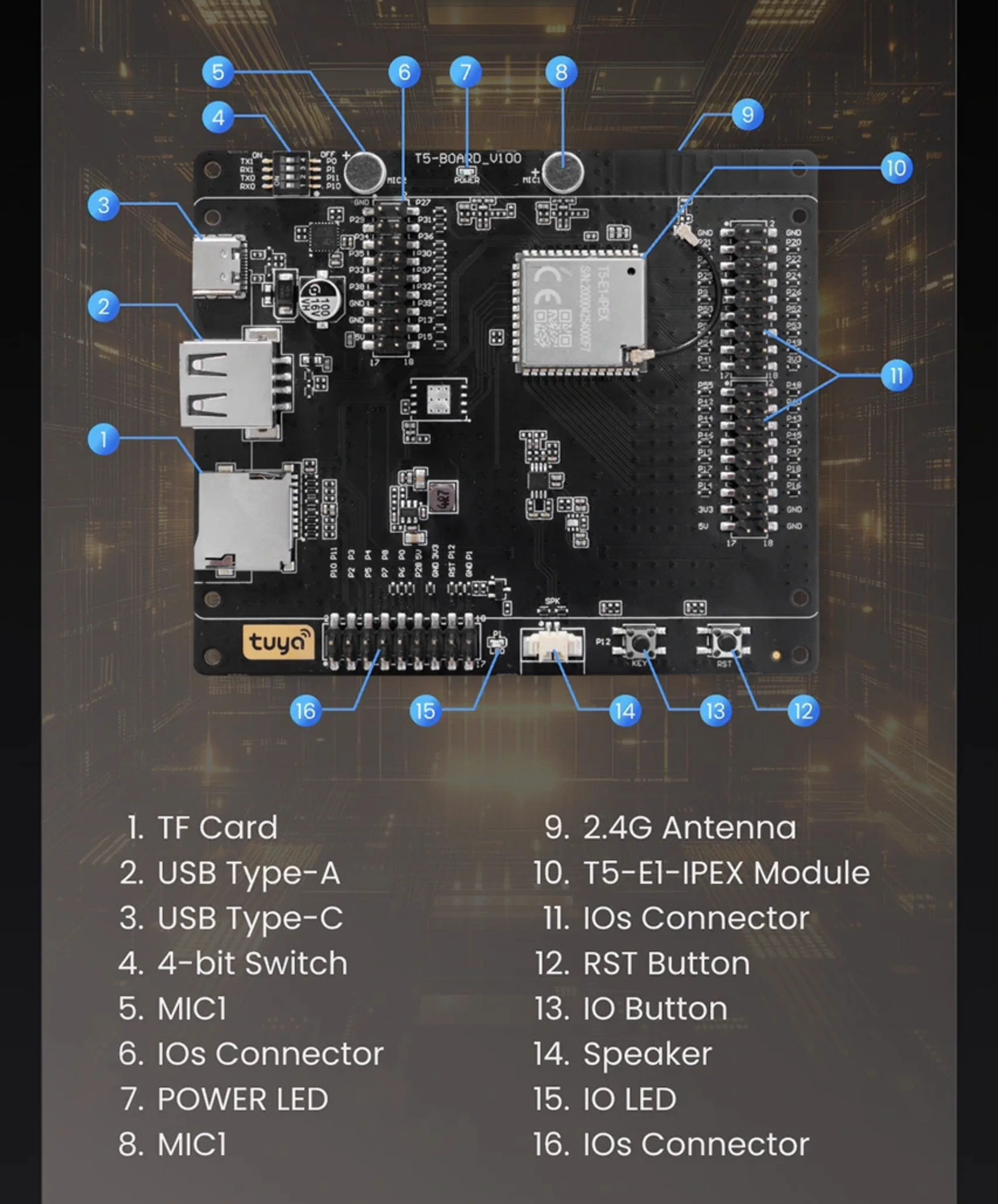 Placa de desarrollo TuyaOS T5AI-Board con módulo de modo dual WiFi/BLE T5-E1-IPEX - imagen 2