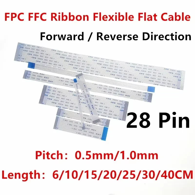10PC FPC FFC cinta Cable plano Flexible 28 pines paso 0,5 MM 1,0 MM AWM 20624 80C 60V longitud 6/10/15/20/25/30/40CM adelante marcha atrás