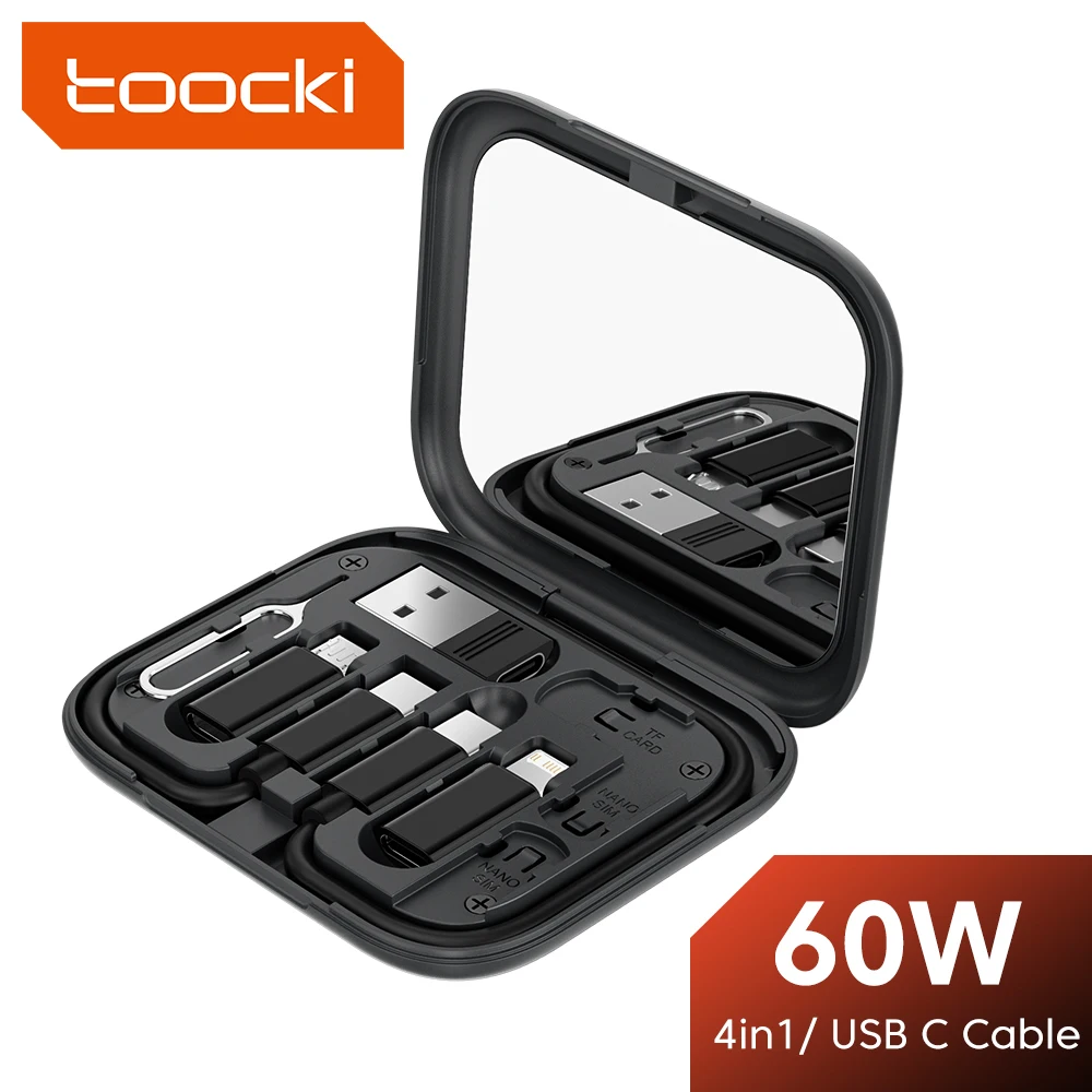 Toocki USB tipo C a USB C Cable 60W 4 en 1 Mini juego de cables de datos caja de almacenamiento cargador de carga rápida soporte para teléfono móvil para Xiaomi