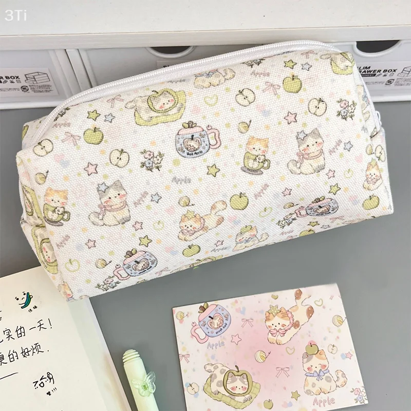 Estuche para lápices con estampado de gato bonito, bolsa para lápices con gatito de dibujos animados, bolsas de maquillaje, bolsa de almacenamiento de papelería de gran capacidad, suministros escolares para estudiantes - imagen 2