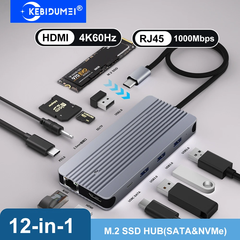 12-in-1 USB C Docking Station M.2 SSD HUB USB C HUB HDMI 4K60Hz/RJ45 1000Mbps/PD100W/USB3.0 5Gbps TYPE C Hub For Laptop Macbook - imagen 2
