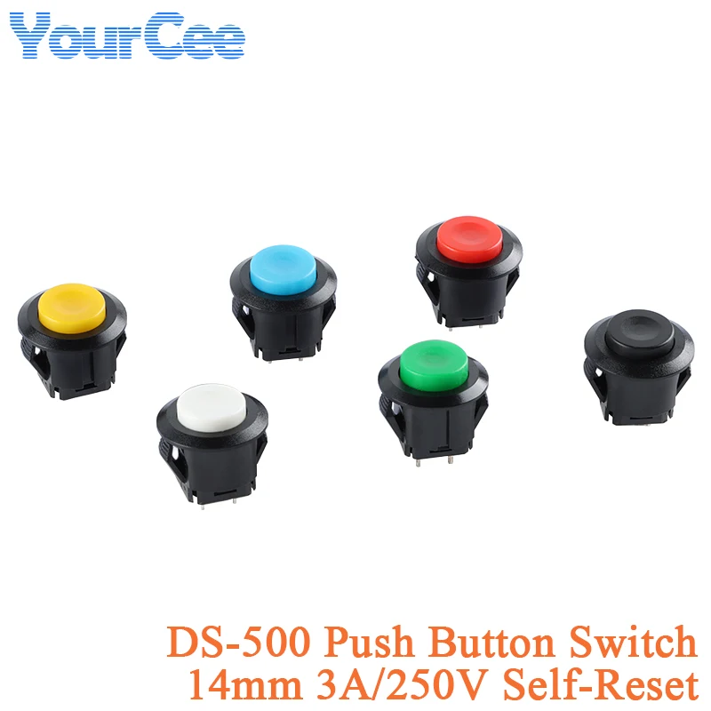 6 unids/lote DS-500 interruptor de botón 14mm 3A/250V momentáneo auto-reinicio redondo sin bloqueo rojo azul amarillo blanco verde negro DS501 DS101