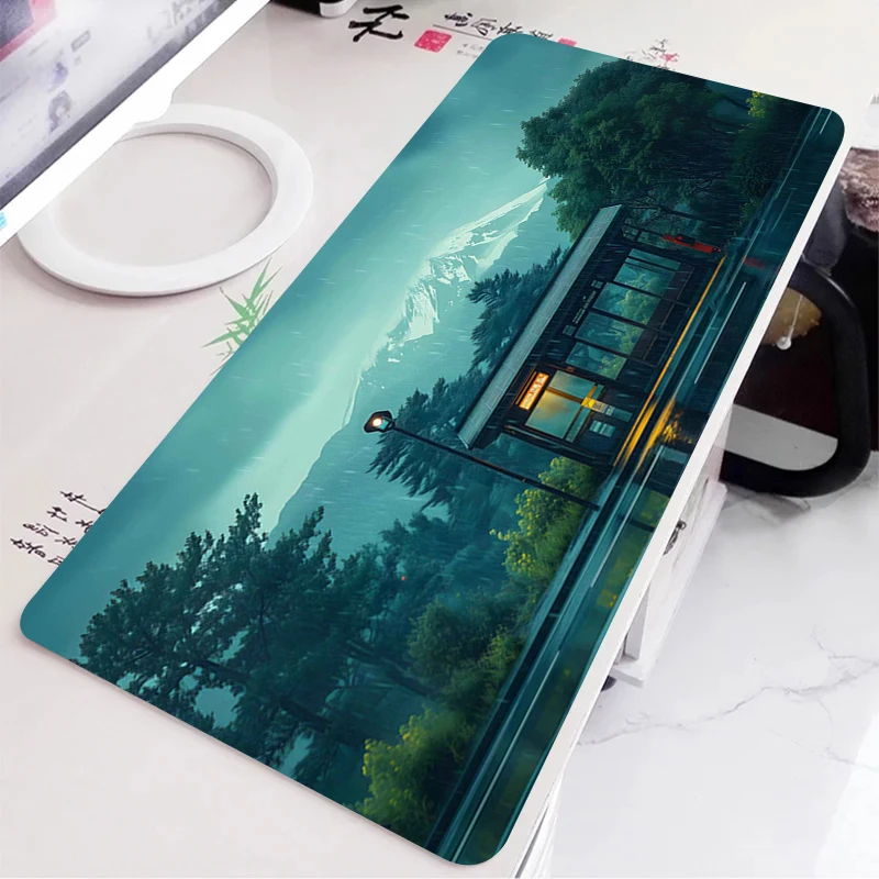 Alfombrilla de escritorio verde con paisaje de Anime Natural, alfombrilla para ratón portátil, accesorios para PC y oficinas, alfombrilla grande para ratón, alfombra de goma, almohadillas extendidas para teclado - imagen 4