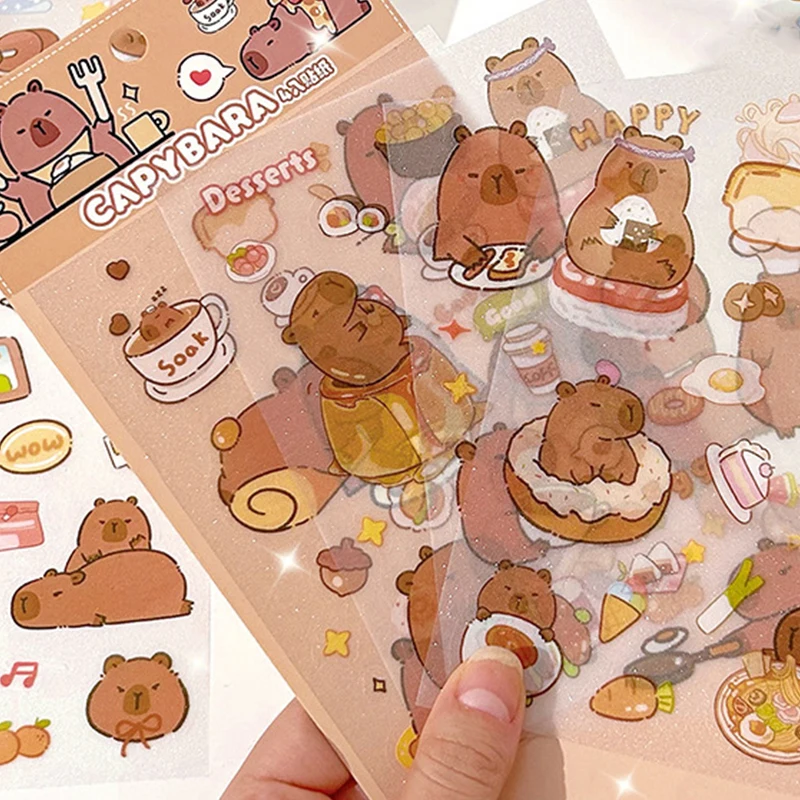 Pegatinas esmeriladas Kawaii Capybara, decoración de diario de dibujos animados, álbum de recortes, diario, papelería estética, escuela, 4 hojas