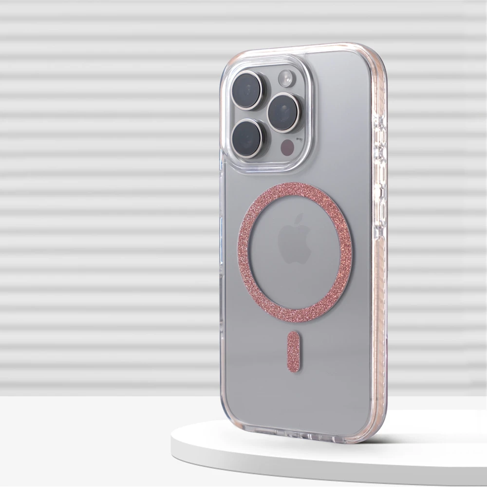 Anillo magnético transparente con purpurina para funda de parachoques Magsafe para iPhone 16 Pro Max 16e 15 14 13 12, cubierta de borde suave con carga inalámbrica