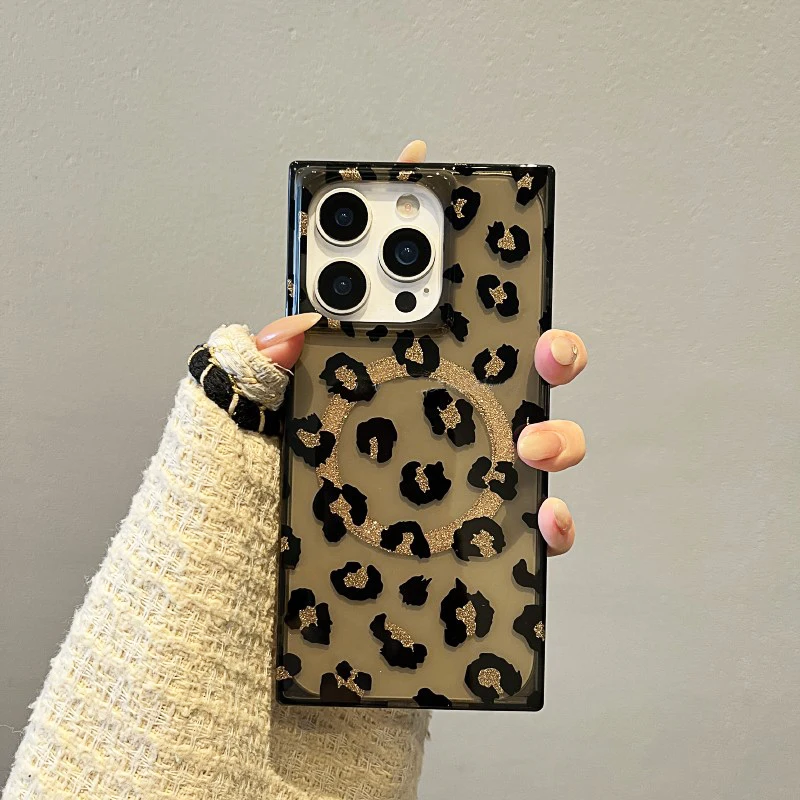 Elegante rectángulo borde leopardo magnético carga inalámbrica teléfono caso para iPhone 17 16 15 14 13 12 Pro Max duro TPU contraportada - imagen 3