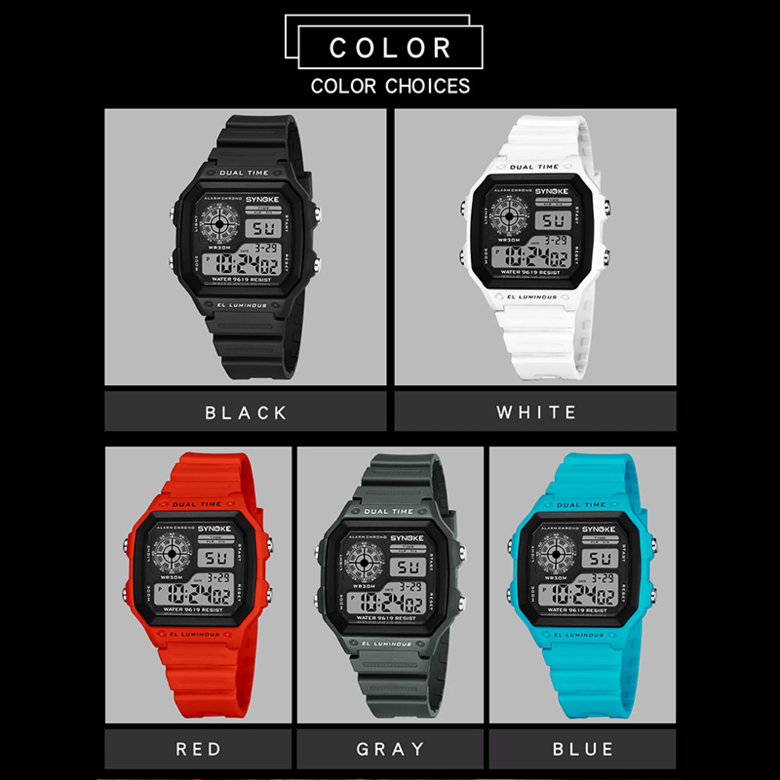 9619 Pantalla de fecha impermeable deportiva de lujo electrónica
Reloj LED colorido luminoso digital reloj de pulsera para estudiantes para niños