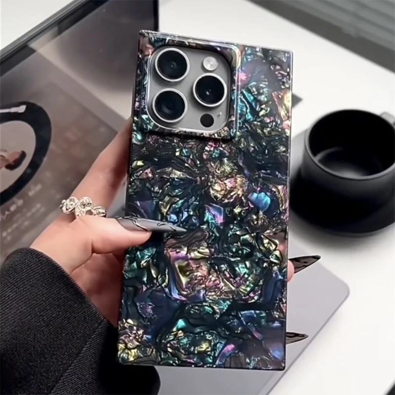 Funda rectangular de lujo con diseño de concha de perla de Color arcoíris para iPhone 16 17 Pro Max 15 14 13, funda trasera de TPU suave única a la moda - imagen 2