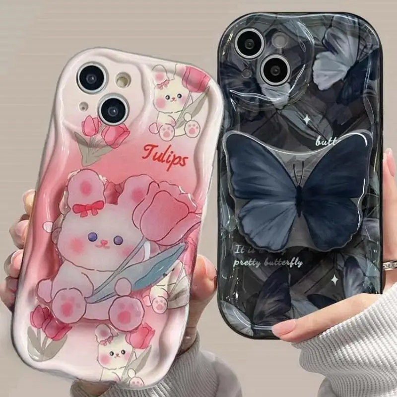 Funda de teléfono con agarre de mariposa Tok, soporte ondulado para OPPO Reno 11 5G 12 Pro 12F 11F Reno 7 4G A60 A78 A79 A98 5G, bonita funda con estampado de conejo