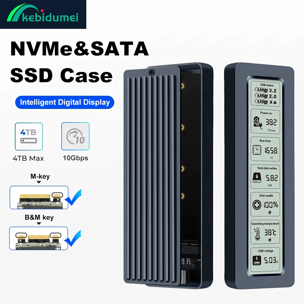 Caja M.2 NVMe SSD, caja de disco duro con pantalla Digital inteligente de 10Gbps, adaptador de controlador de estado sólido M2 NVME SATA, Cable de datos A + C