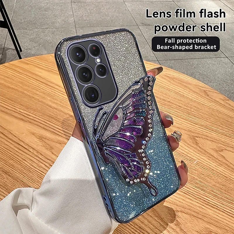 Soporte de teléfono con mariposa de arena líquida 3D, funda chapada con purpurina para Samsung Galaxy S25 S24 Plus S23 FE S22 Note 20 Ultra S20 S21 FE - imagen 5