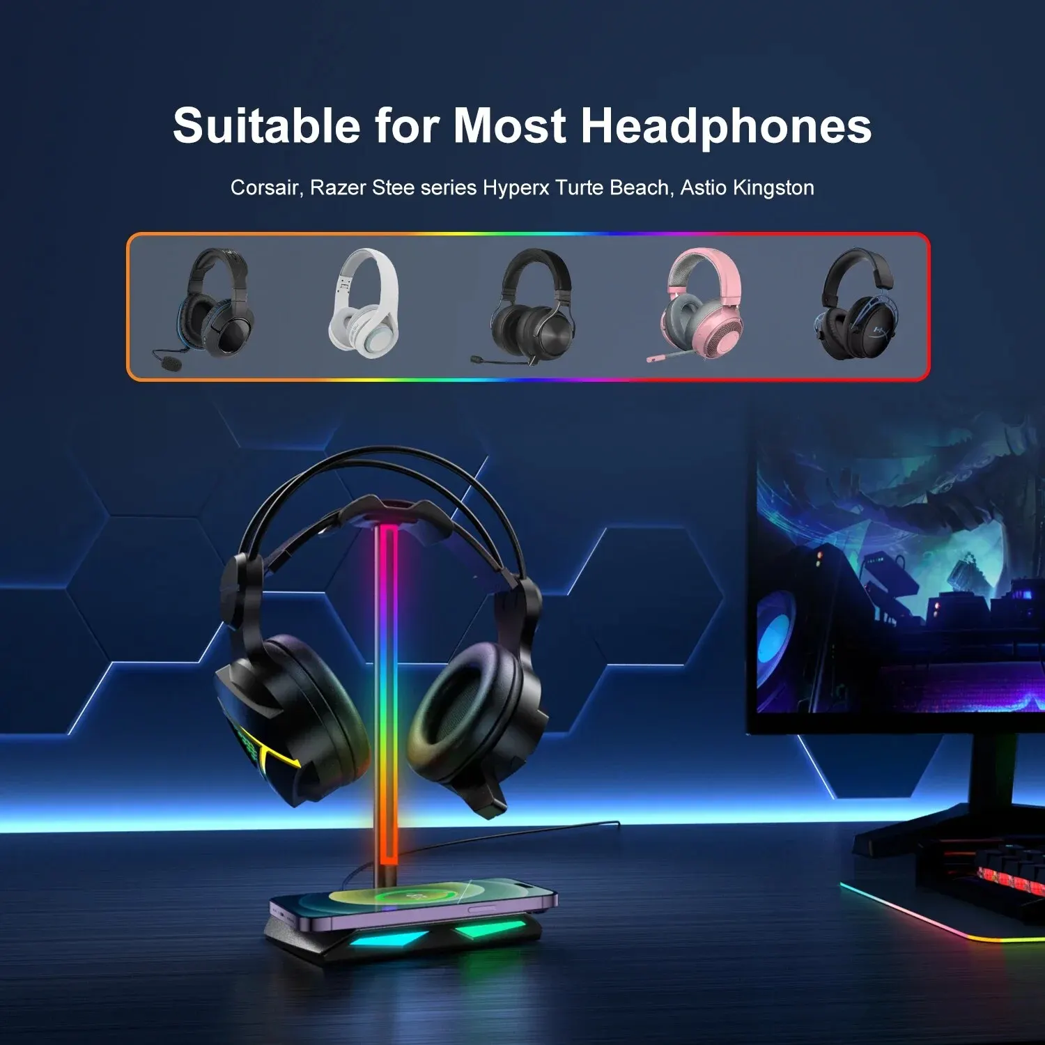 Nuevo Soporte para auriculares Bee Z12 RGB con Base de cargador inalámbrico, soporte para auriculares para juegos de escritorio, Base de goma antideslizante - imagen 2