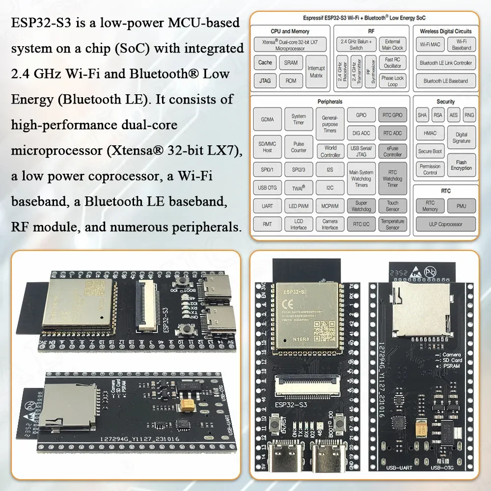 Placa de desarrollo de cámara ESP32 S3 N16R8, módulo de cámara 2,4G Wifi BT para OV2640 OV5640 8MB PSRAM 16MB FLASH ESP32-S3 WROOM N16R8 - imagen 4