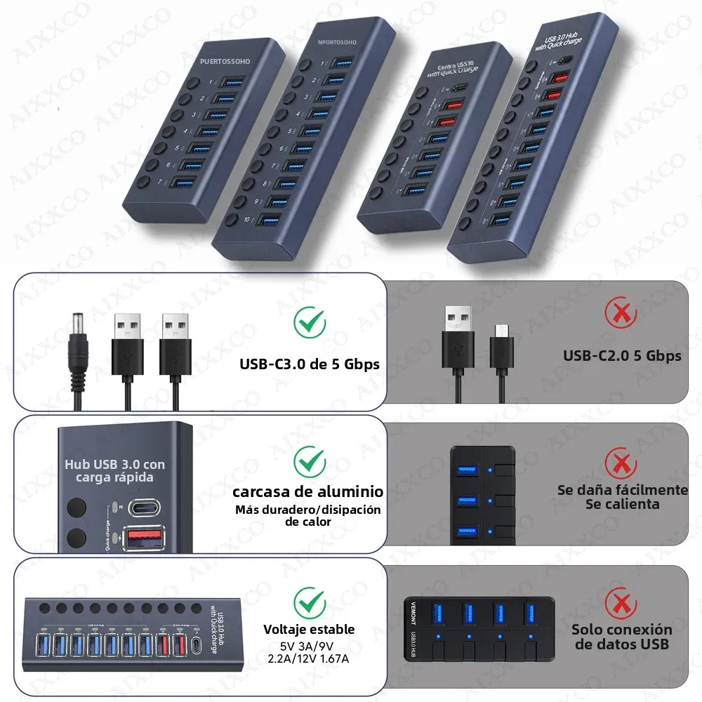 AIXXCO Hub USB 3.0 7 Puertos con Interruptor para MacBook - imagen 2