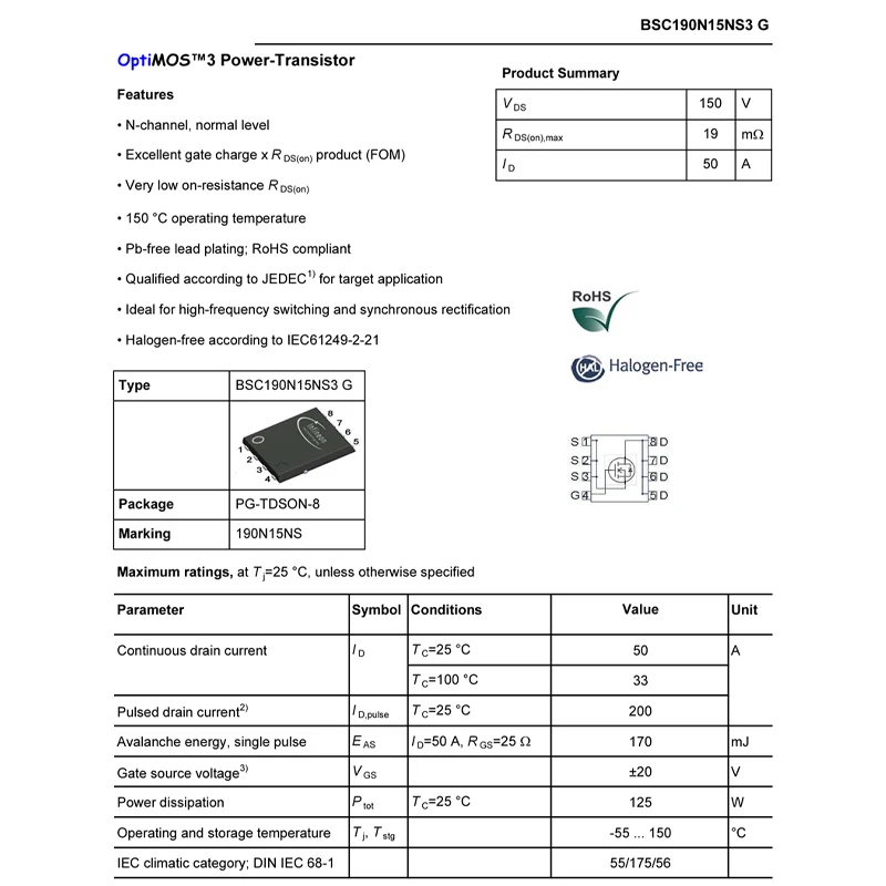 5 uds BSC190N15NS3G TDSON-8 (5x6) 190N15NS transistor de potencia transistor de efecto de campo MOSFET - imagen 2
