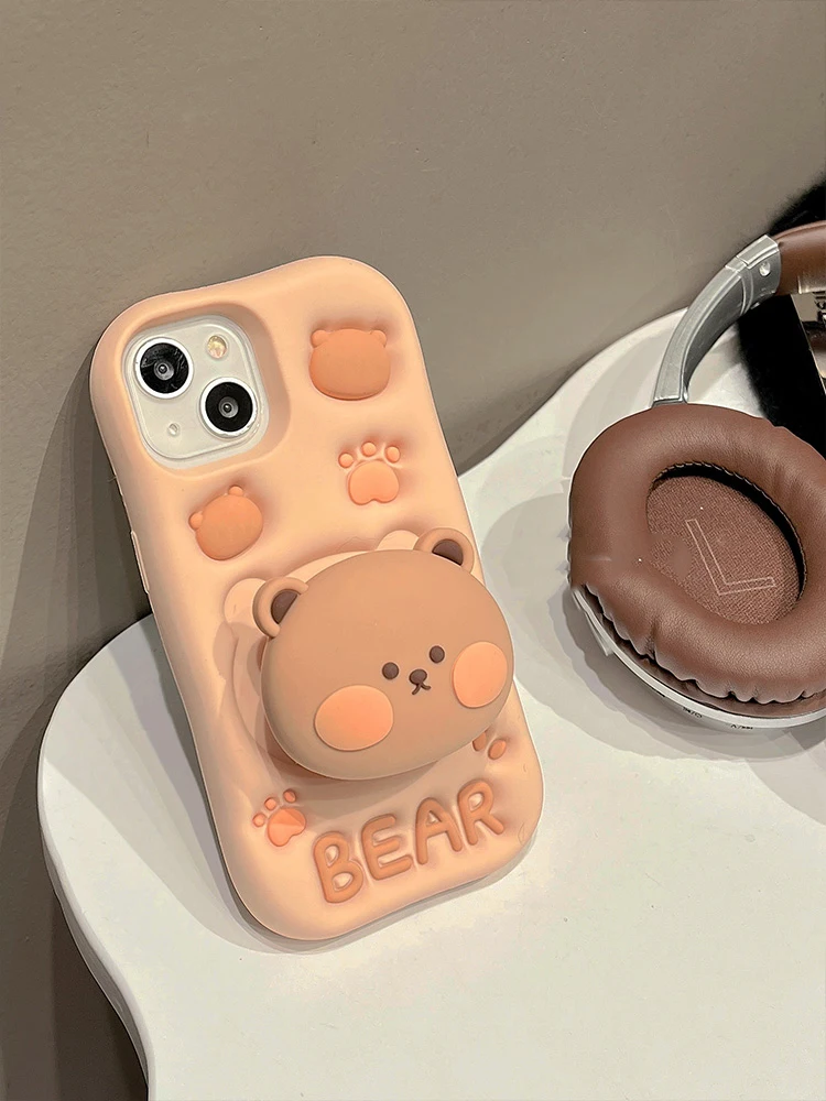 Precioso oso 3D soporte oculto funda de teléfono de silicona para iPhone 11 12 13 14 15 16 Pro Max XS XR X 7 8 Plus funda bonita para chica - imagen 4