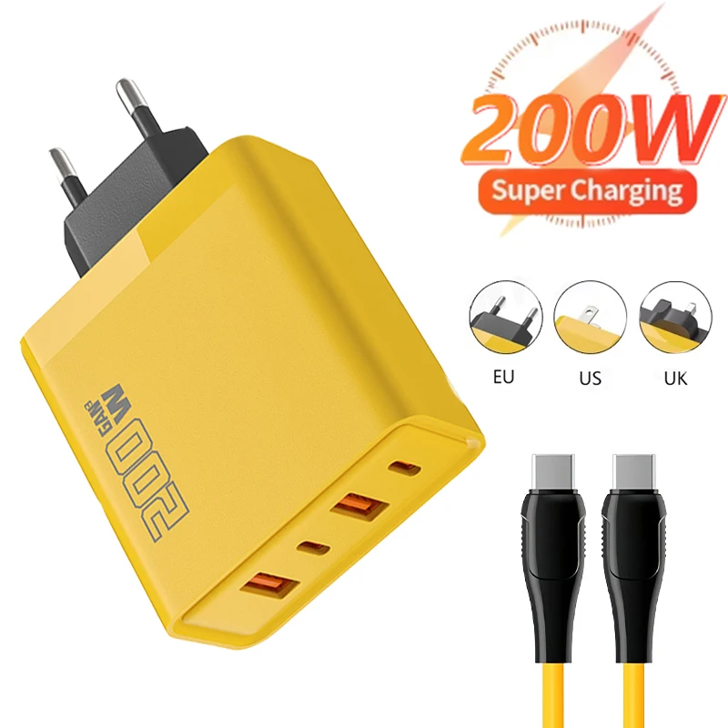 Cargador Ultra rápido de 200W, 2USB, 2PD, 4 en 1, tipo C, cargador de teléfono GaN rápido para Iphone, Huawei, Samsung, Xiaomi, Oppo, enchufe UE y EE. UU. 
