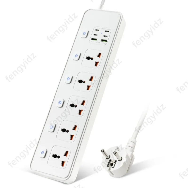3250W 13A 250V 5 enchufes universales con 4 tipo C y 2USB cable de 2m tira de alimentación de interruptor independiente - imagen 3