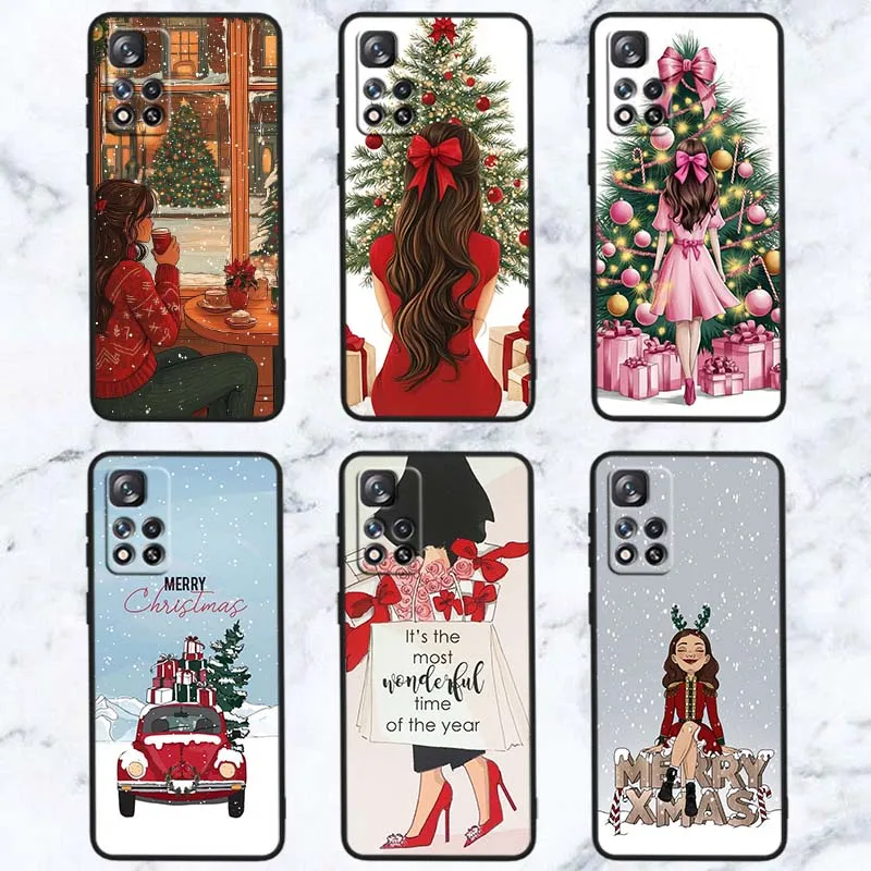 Patrón de Navidad para niñas para Xiaomi Redmi Note 11T 11 11S 11SE 10 10T 10S 9 9T 8T 8 Lite Pro Plus Max funda de teléfono negra