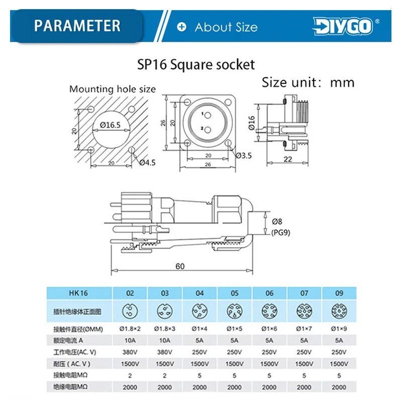 DIY GO macho y hembra acoplamiento aviador enchufe de aviación tipo cuadrado SP16-2 3 4 5 6 7 9 pines Cable eléctrico bloque de terminales a tope - imagen 3