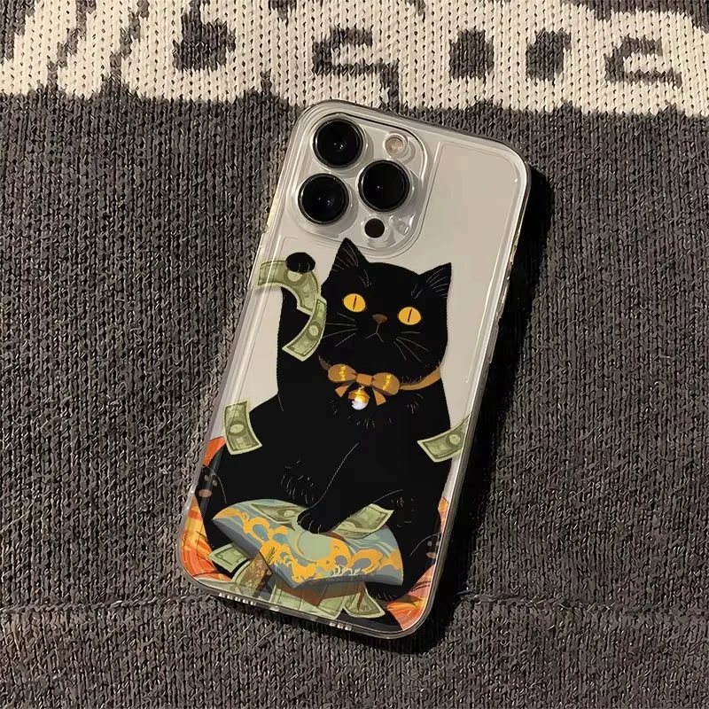 Funda de teléfono con patrón de gatito negro de dibujos animados INS para IPhone Air 17 16 15 14 Plus 13 12 11 Pro Max X XR XS MINI cubierta suave transparente