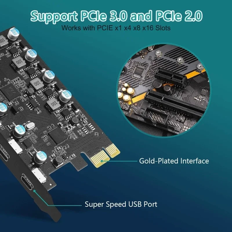 Tarjeta USB 3,0 PCIe X1 a USB con 5Gbps 5 puertos (2 USB A + 3 tipo C) Chip FL1100 Adaptador convertidor expansión PCIE Splitter USB3 - imagen 3