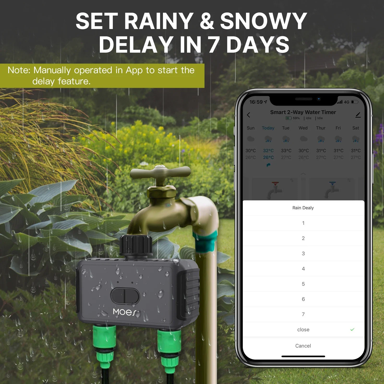 Aspersor de jardín inteligente con Bluetooth, temporizador de agua con filtro de retardo de lluvia de 2 vías, controlador de riego programable y automático - imagen 3
