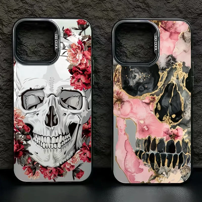Funda de teléfono de dibujos animados florales y calavera de lujo para iPhone 16 15 14 13 PRO MAX 11 12 13 PRO X XS XR 7 8 Plus, carcasa protectora Y2k - imagen 3