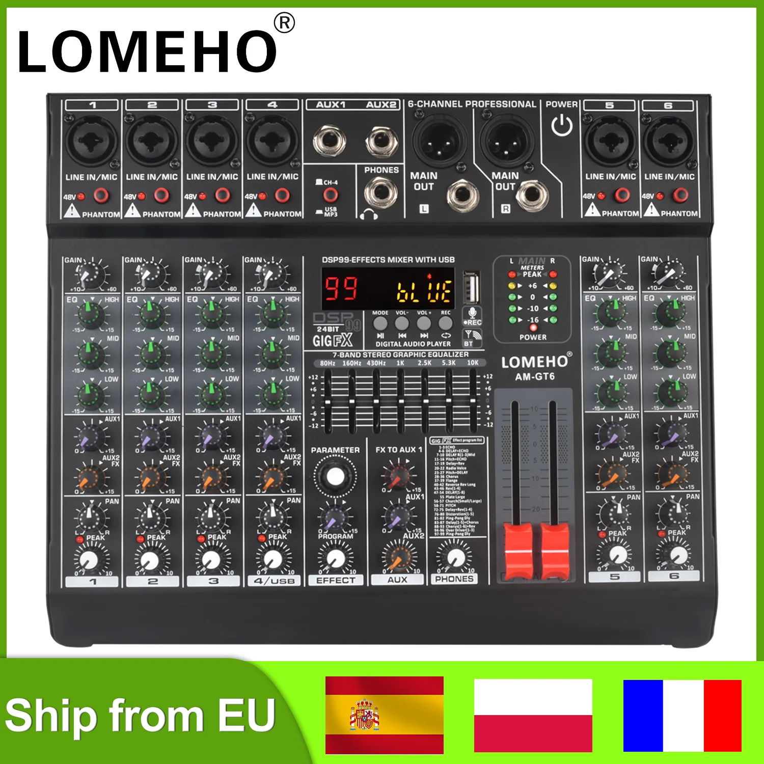 LOMEHO Consola mezcladora de 6 canales mono 99 efectos digitales Bluetooth USB Mezclador de audio de sonido para PC con 48 V para Karaoke Iglesia AM-GT6 - imagen 2