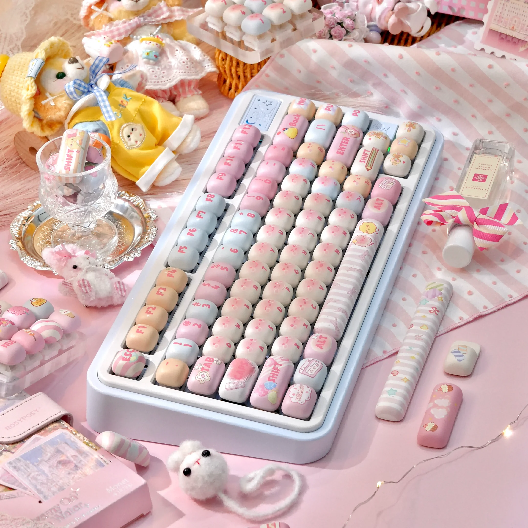 MOG Keycaps algodón de azúcar tema rosa lindo redondo moño al vapor Keycap PBT sublimación personalizado Teclado mecánico teclas regalo para niñas - imagen 2