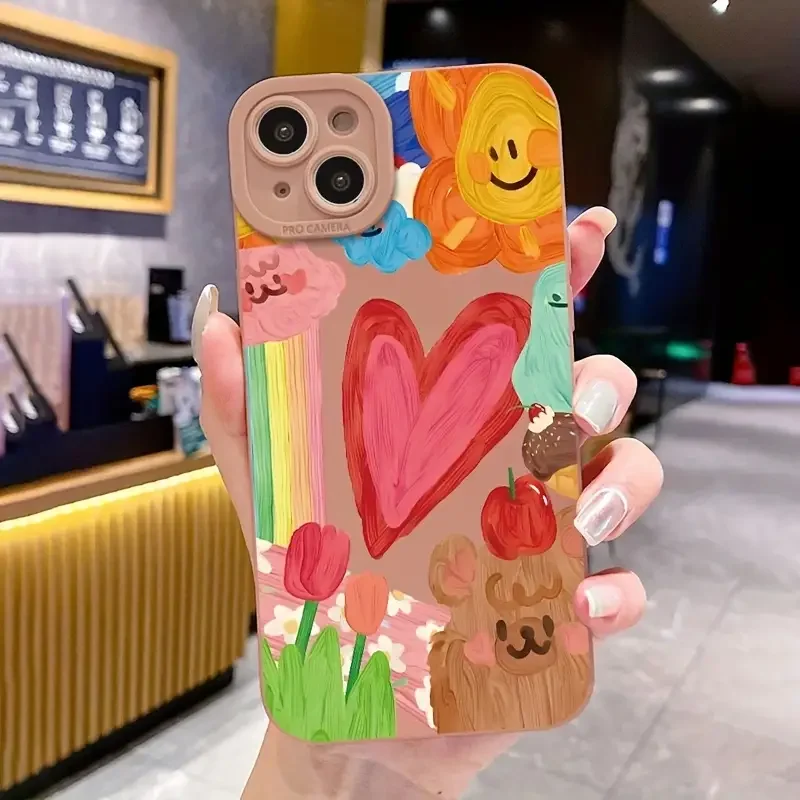 Funda con diseño de corazón arcoíris y oso de flores de amor para Samsung Galaxy S25 S24 S23 Ultra S22 Plus S21 FE A56 A35 A55 A54 A33 A53