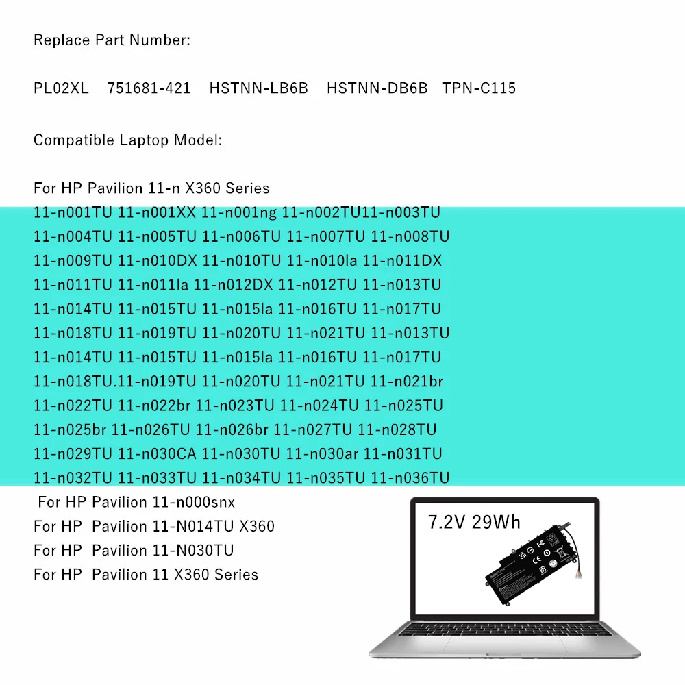 Batería de ordenador portátil PL02XL para HP Pavilion 11-n000snx X360 N014TU N030TU 751681 -421 HSTNN-LB6B HSTNN-DB6B TPN-C115 - imagen 5