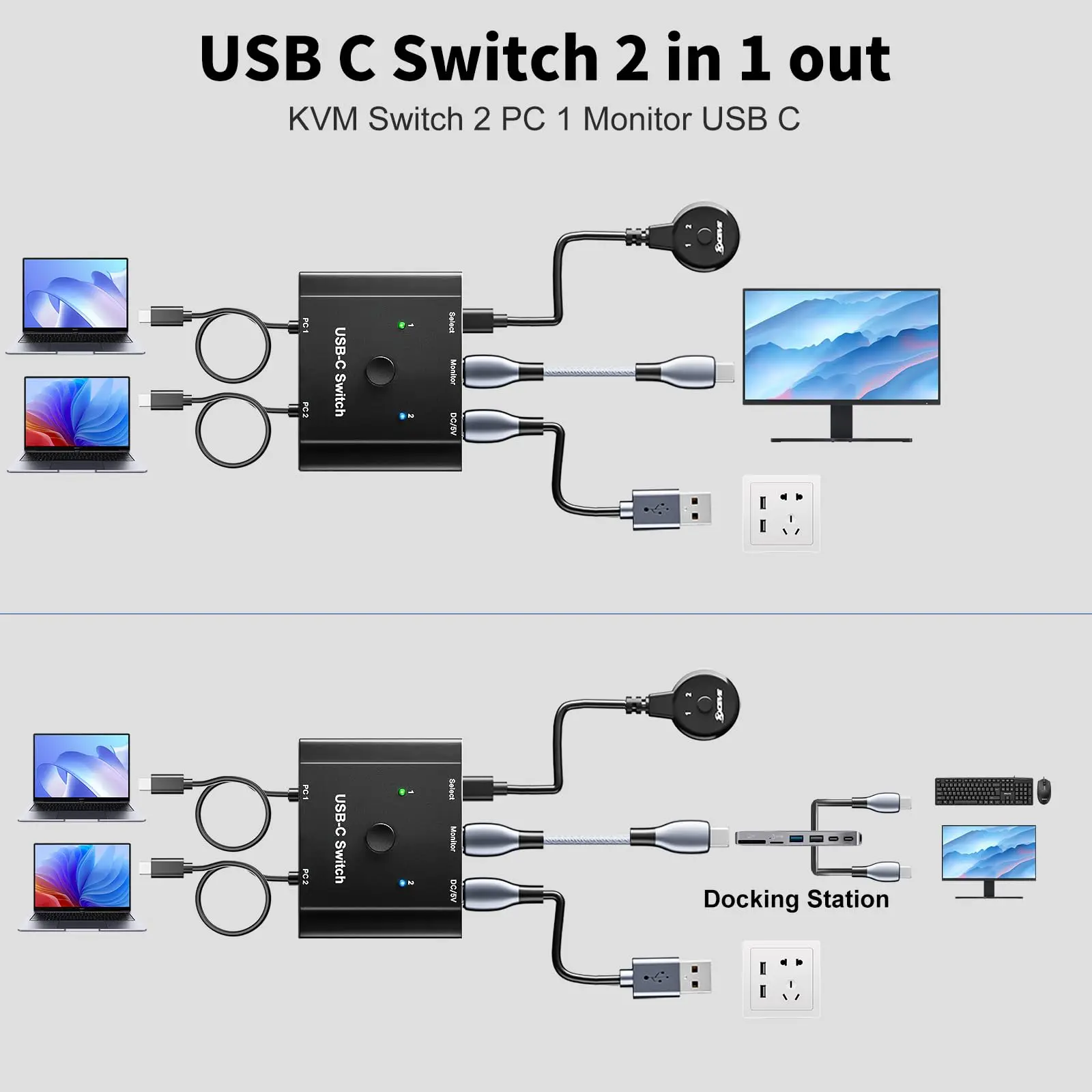 Conmutador USB C 2 en 1 salida, conmutador KVM KCEVE 2 portátiles 1 Monitor 4K @ 120Hz, carga PD 100W/USB 3,1 Gen 2/10Gbps/Control remoto con Cable - imagen 3