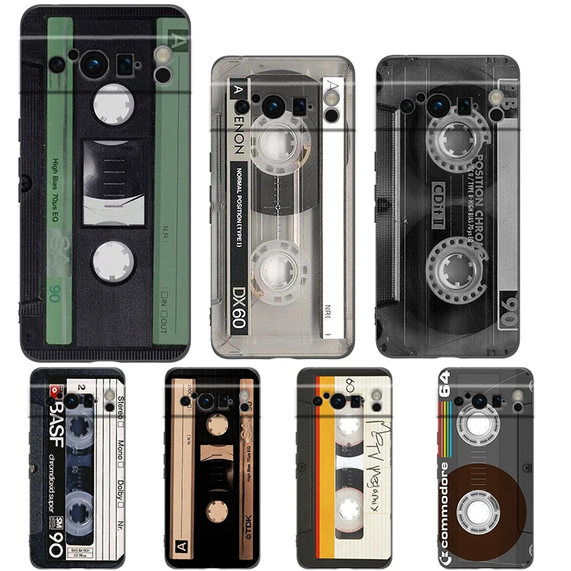 Funda de teléfono con Cassette de cinta de Radio magnética para Google Pixel 9 8 7 6 Pro XL 8A 7A 6A carcasa de TPU cubierta negra suave a prueba de golpes