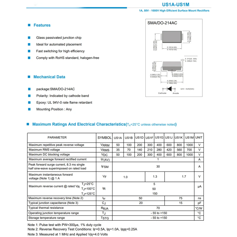US1J SMA UJ DO-214AC 1A 600V U1J 50PCS ESD TVS Diodo de recuperación rápida - imagen 2